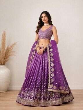 Gradient Dual-Tone Rani Purple Embroidered Lehenga Choli Set